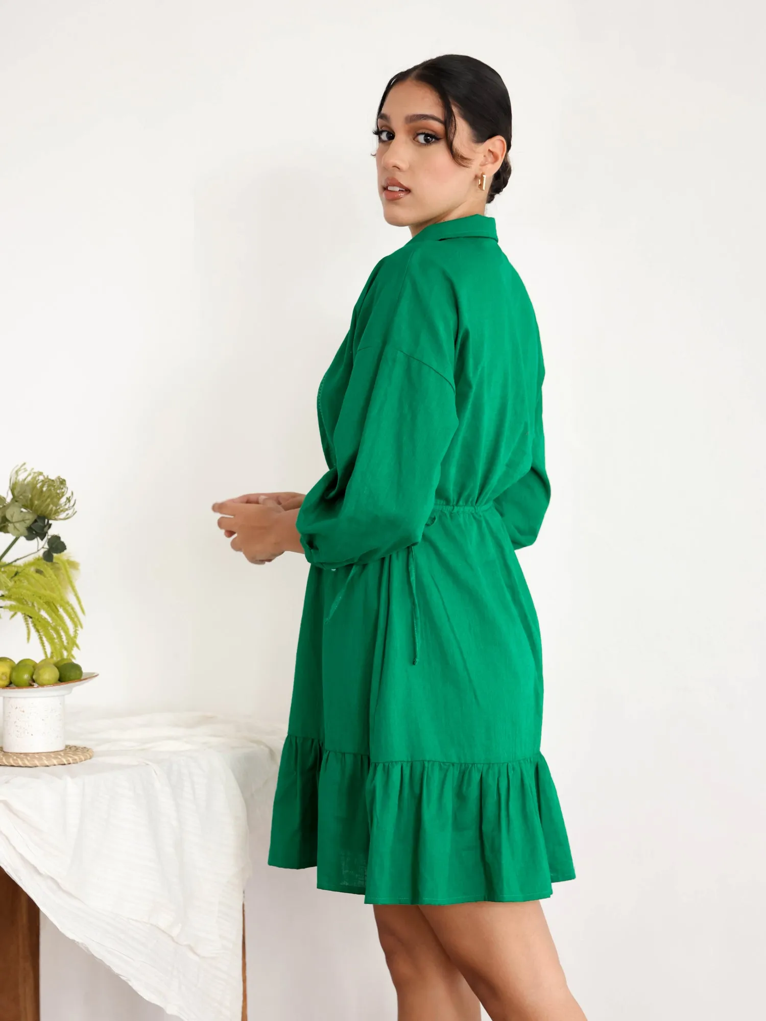Tie Up Detail Balloon Sleeve Mini Dress
