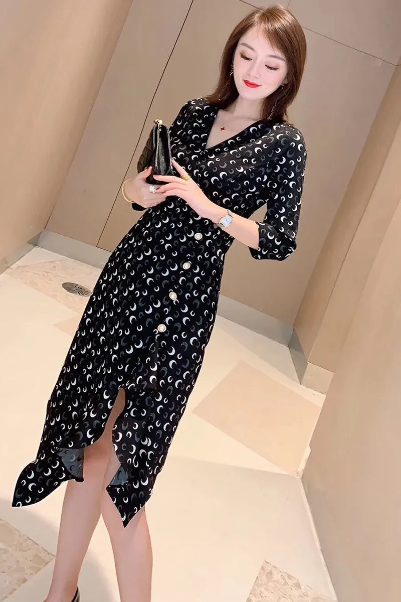 TWO PEARS-Long Sleeve Asymmetrical Hem V-neck Sheath Dress