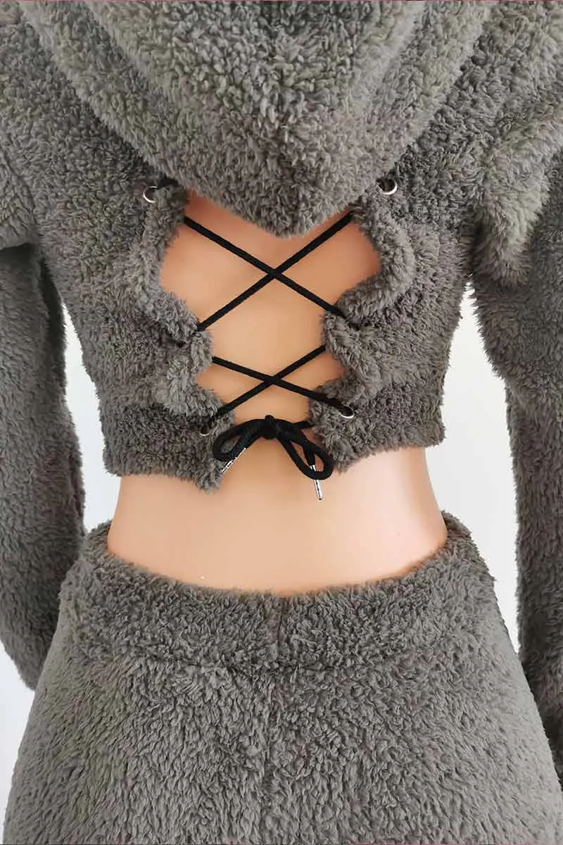 UG725 Faux Shearling Jacket Top and Pants Set