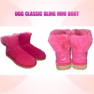 UGG Classic Bling Mini Swarovski Crystal Logo Suede Sheepskin Ankle Boots Size 7