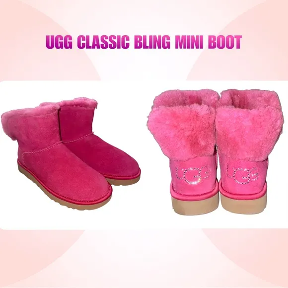 UGG Classic Bling Mini Swarovski Crystal Logo Suede Sheepskin Ankle Boots Size 7