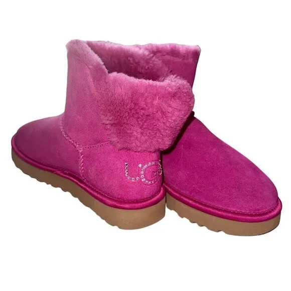 UGG Classic Bling Mini Swarovski Crystal Logo Suede Sheepskin Ankle Boots Size 7