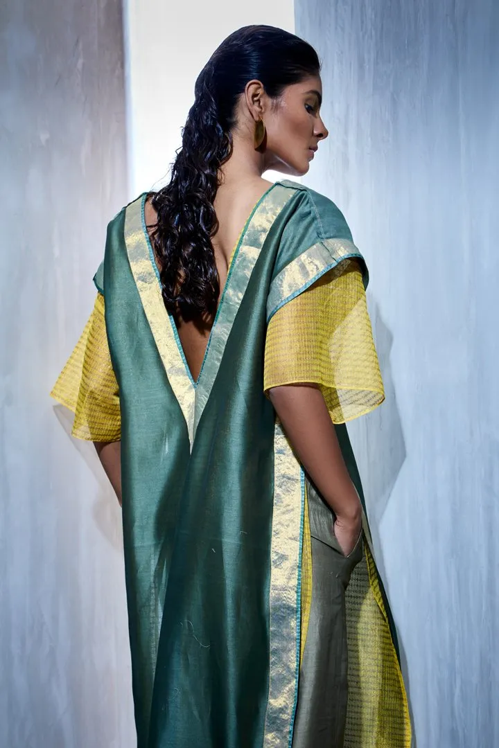 Urvashi Kaur   I   Block Printed Zari Kota Silk Slip Paired With Chanderi Silk Plunge Neck Long Tunic