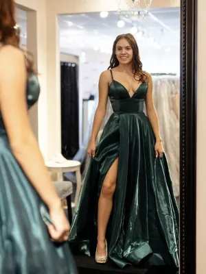 V Neck Dark Green Long Prom with High Slit, V Neck Dark Green Formal, Green Evening