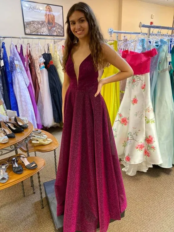 V Neck Open Back Purple Long Prom Dresses, V Neck Purple Formal Dresses, Purple Evening Dresses