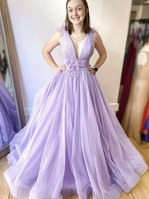 V Neck Purple Tulle Long Prom, Long Purple Formal Evening