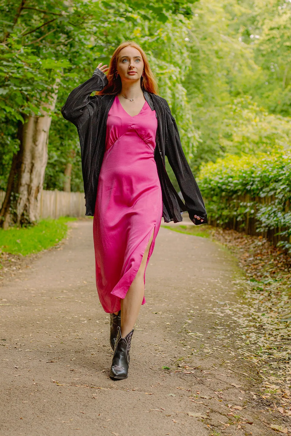V Neck Satin Look Slip Dress