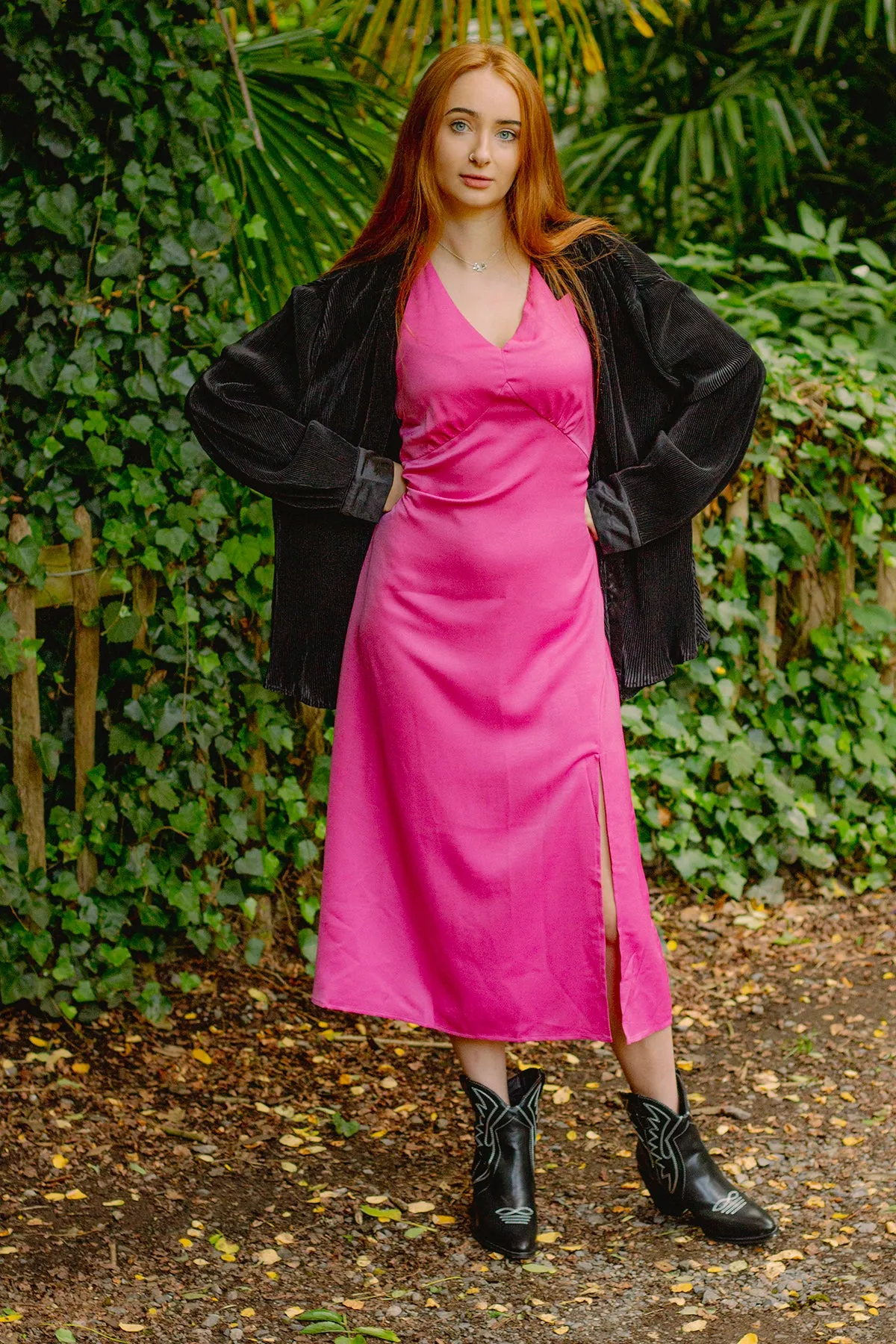 V Neck Satin Look Slip Dress