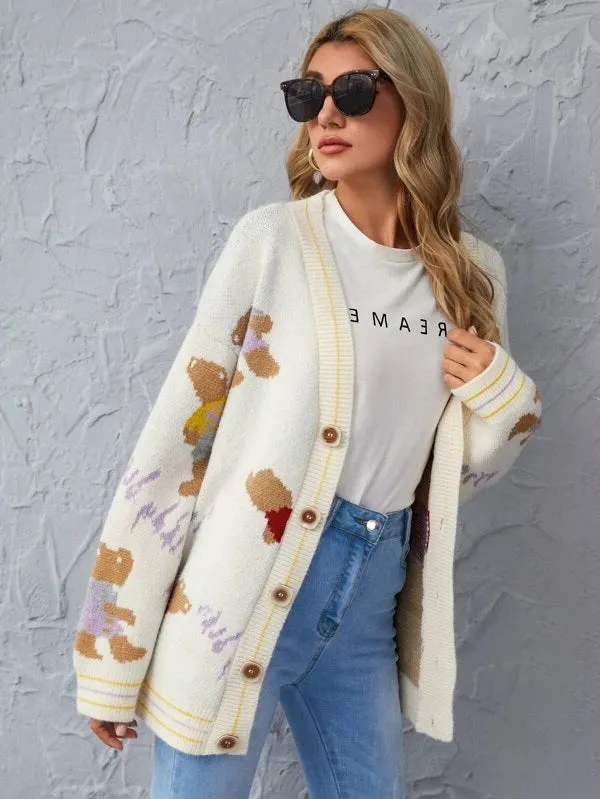 V-neck Single-breasted Bear Cartoon Knit Sweater Cardigan