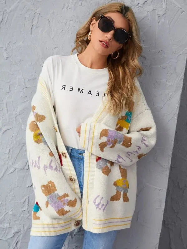 V-neck Single-breasted Bear Cartoon Knit Sweater Cardigan