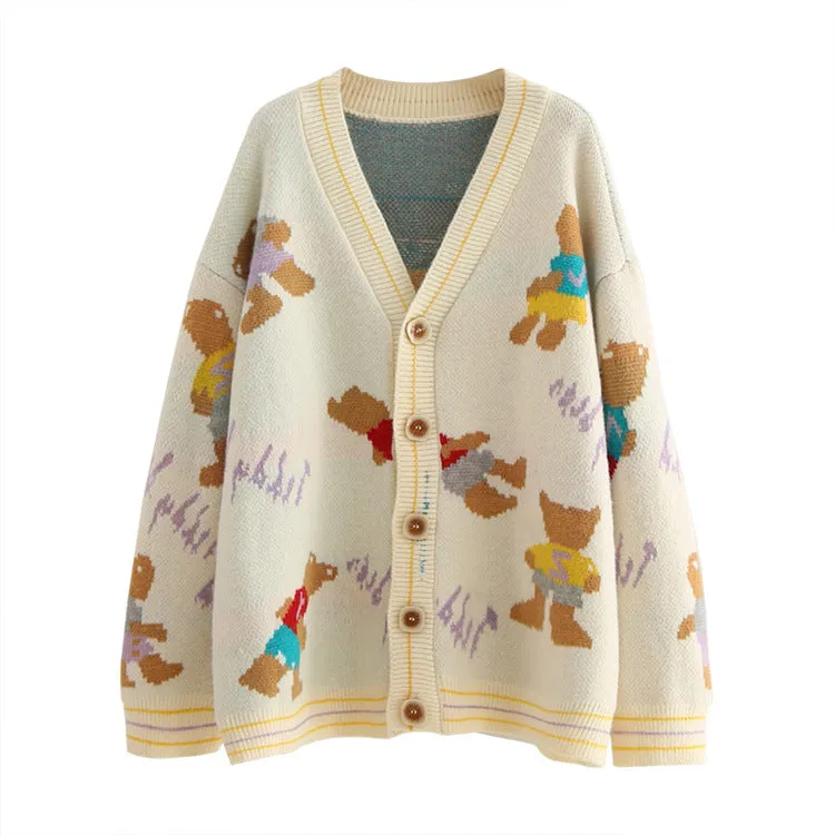 V-neck Single-breasted Bear Cartoon Knit Sweater Cardigan