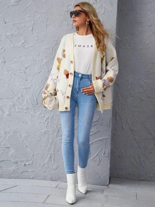 V-neck Single-breasted Bear Cartoon Knit Sweater Cardigan