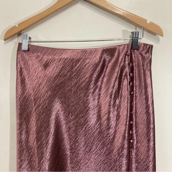 Victoria Secret Satin Midi Slip Skirt Side Buttons Size Large Rose Gold Shiny