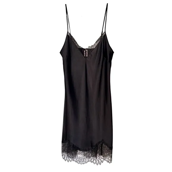 Victoria’s Secret | Lace Trim Silk Black Slip Dress | Women’s Size XS