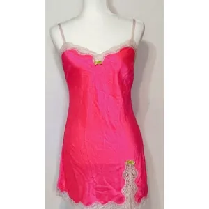 Victoria's Secret Size S/P Y2K Vintage Satin Slip Dress Neon Pink Lace Trim