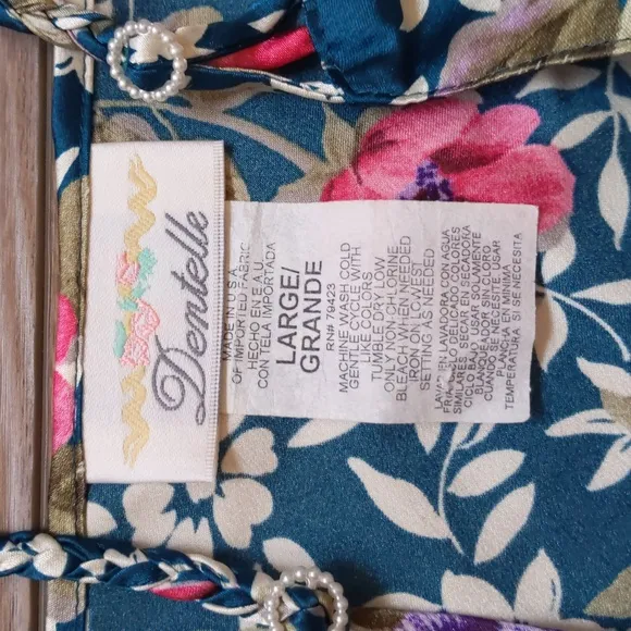 Vintage Dentelle Satin Robe and Nightie Slip Matching Set - Teal Green Floral L