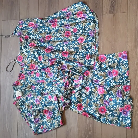Vintage Dentelle Satin Robe and Nightie Slip Matching Set - Teal Green Floral L
