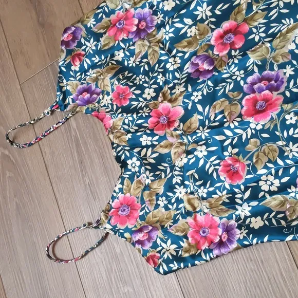 Vintage Dentelle Satin Robe and Nightie Slip Matching Set - Teal Green Floral L