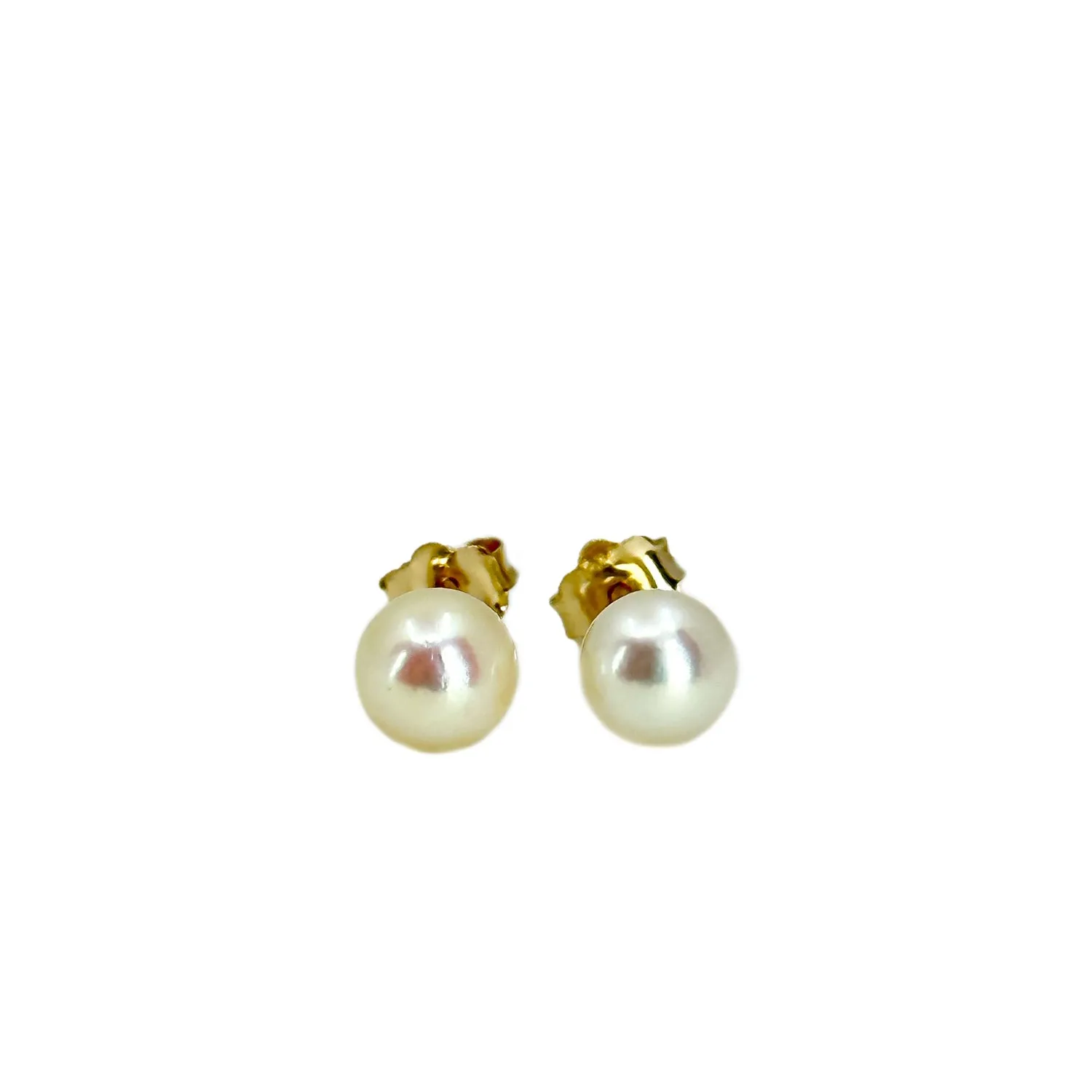 Vintage Japanese Akoya Saltwater Cultured Pearl Pierced 5.75mm Stud Earrings- 14K Yellow Gold