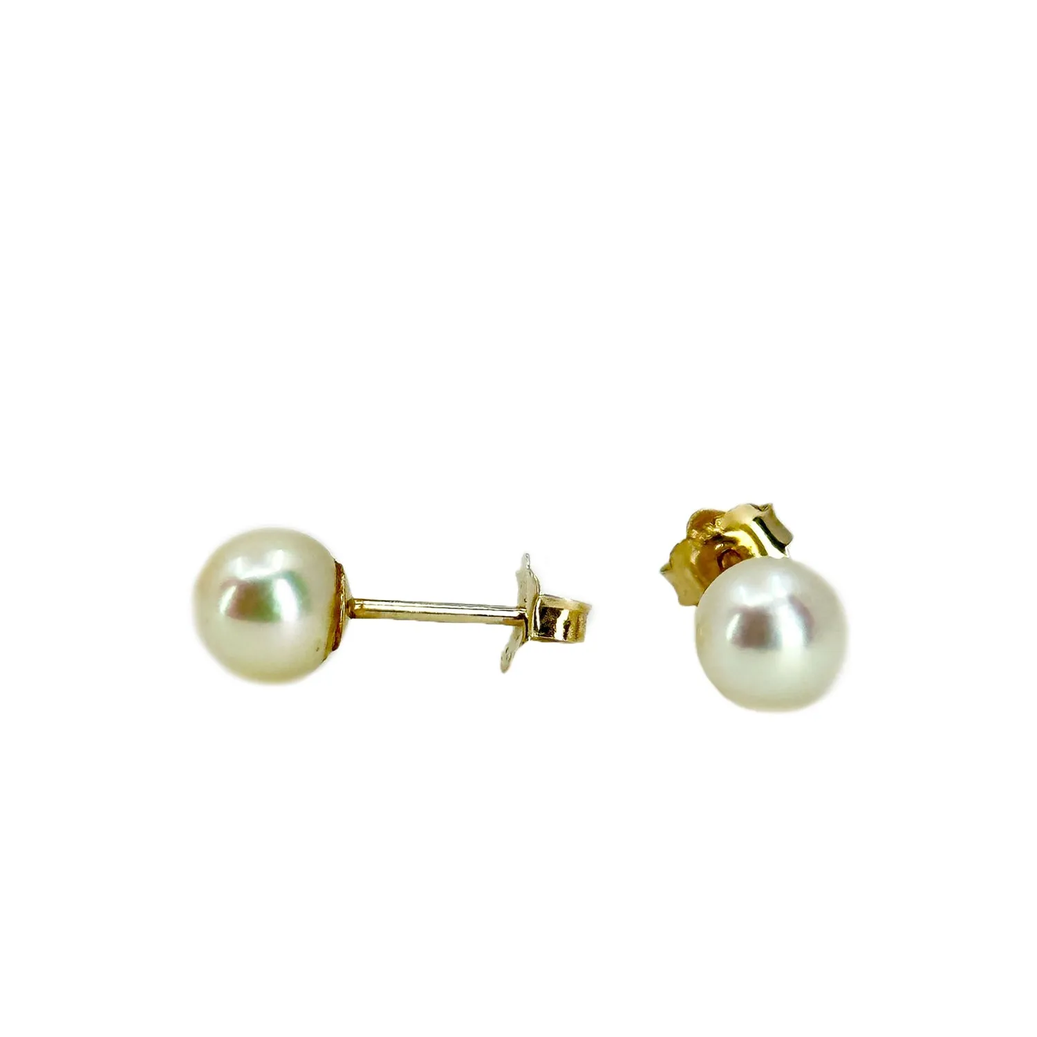 Vintage Japanese Akoya Saltwater Cultured Pearl Pierced 5.75mm Stud Earrings- 14K Yellow Gold