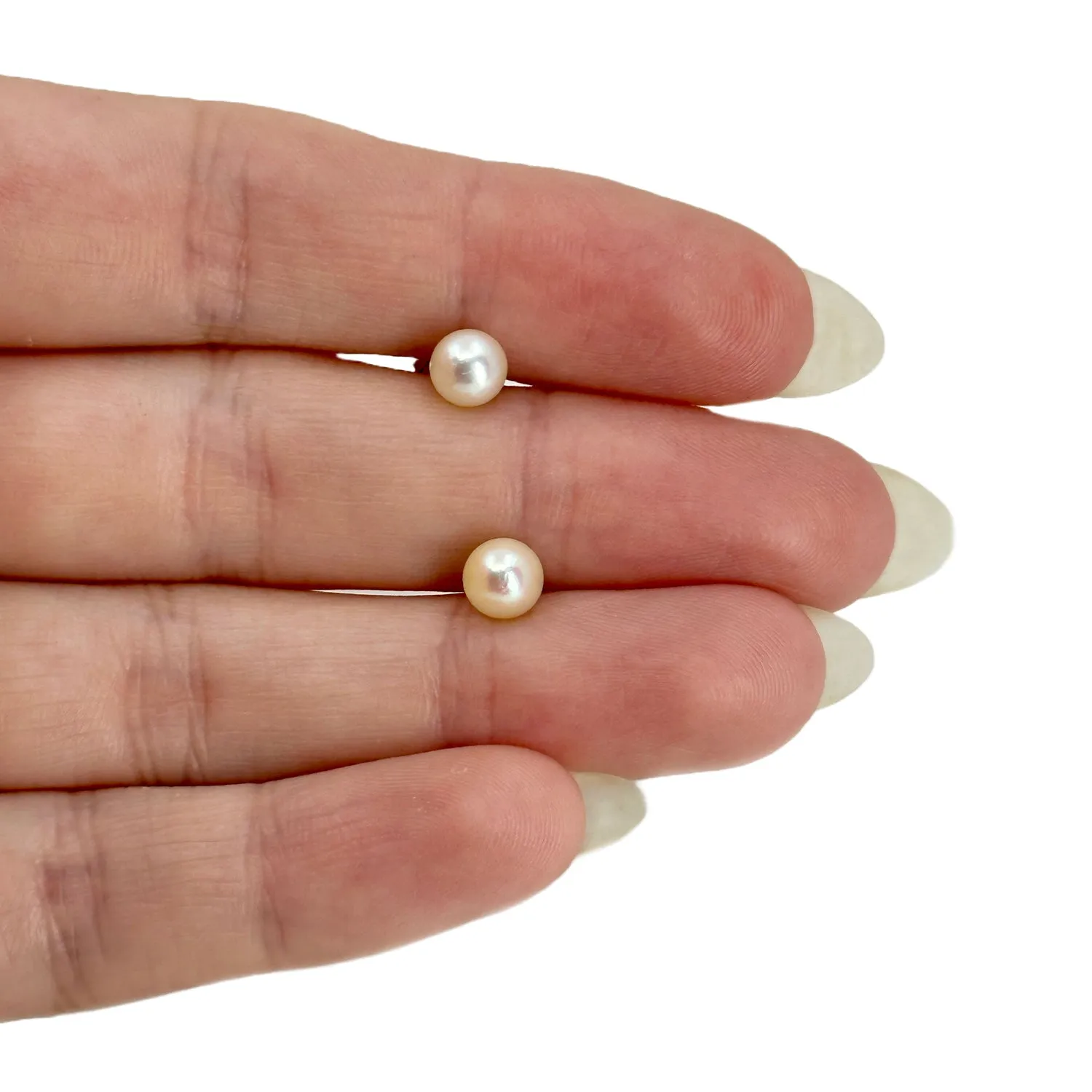 Vintage Japanese Akoya Saltwater Cultured Pearl Pierced 5.75mm Stud Earrings- 14K Yellow Gold