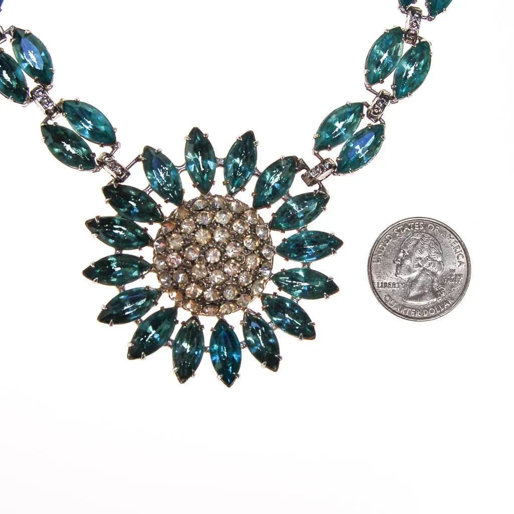 Vintage Light Blue Rhinestone Statement Necklace, Silver Tone, Pot Metal, 1940s