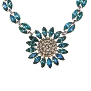 Vintage Light Blue Rhinestone Statement Necklace, Silver Tone, Pot Metal, 1940s