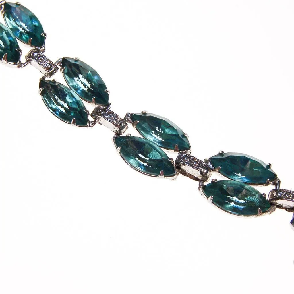 Vintage Light Blue Rhinestone Statement Necklace, Silver Tone, Pot Metal, 1940s