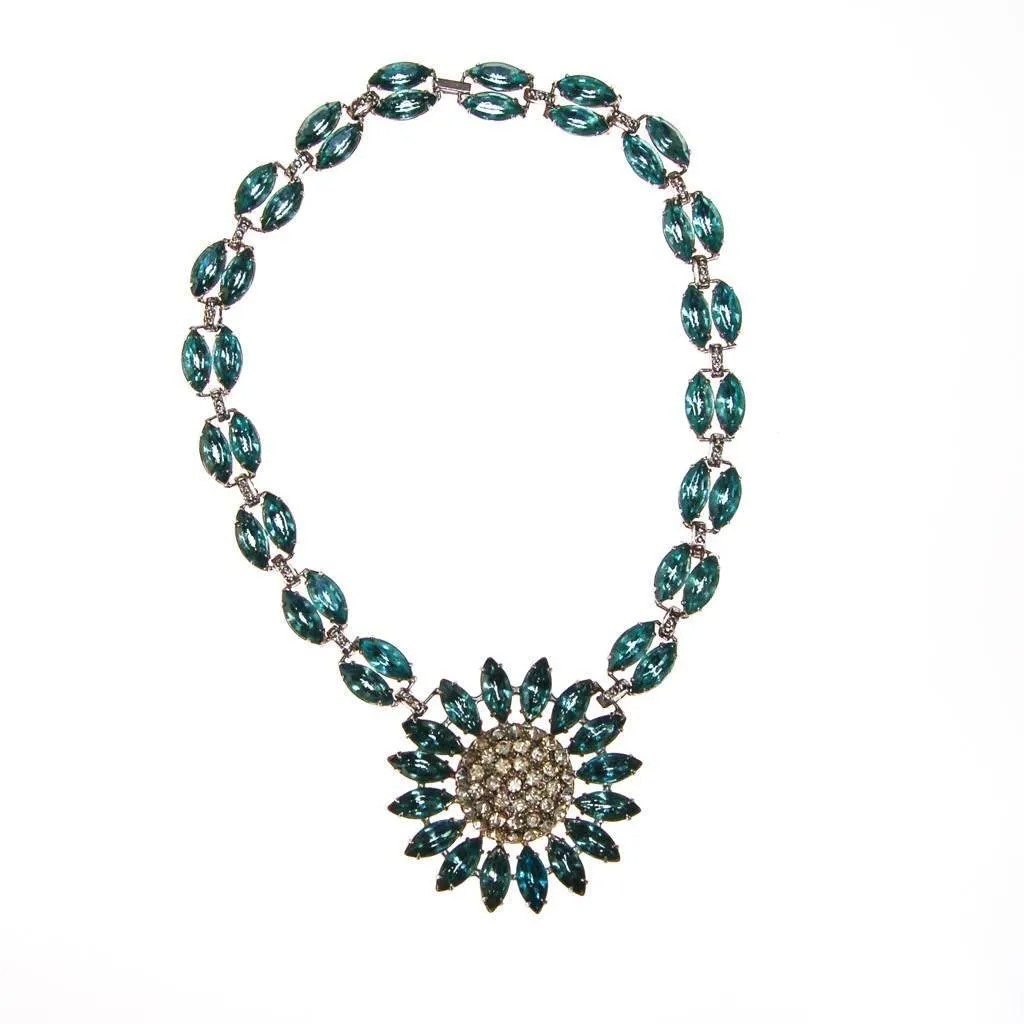 Vintage Light Blue Rhinestone Statement Necklace, Silver Tone, Pot Metal, 1940s