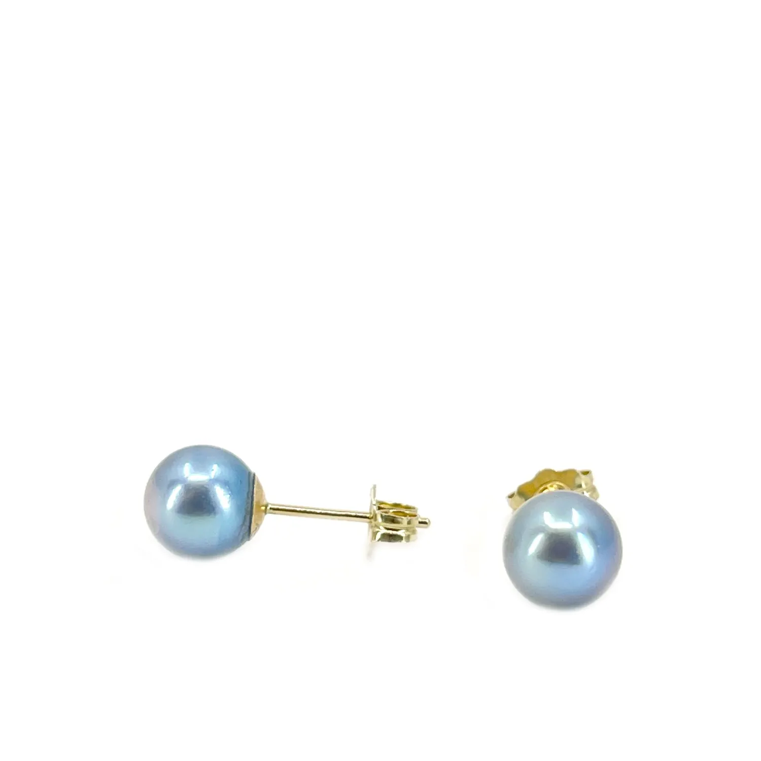 Vintage Modern Blue Akoya Saltwater Cultured Pearl Pierced Earrings- 14K Yellow Gold
