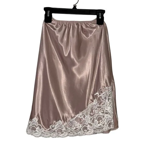 Vintage Satin Floral Lace Mini Slip Skirt Nude