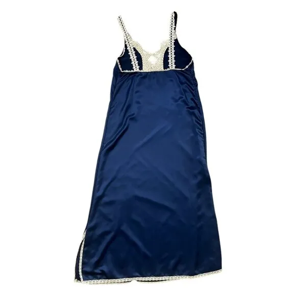Vintage Willow Creek‎ Coquette Lace Trim Satin Maxi Slip Nightgown Blue Large