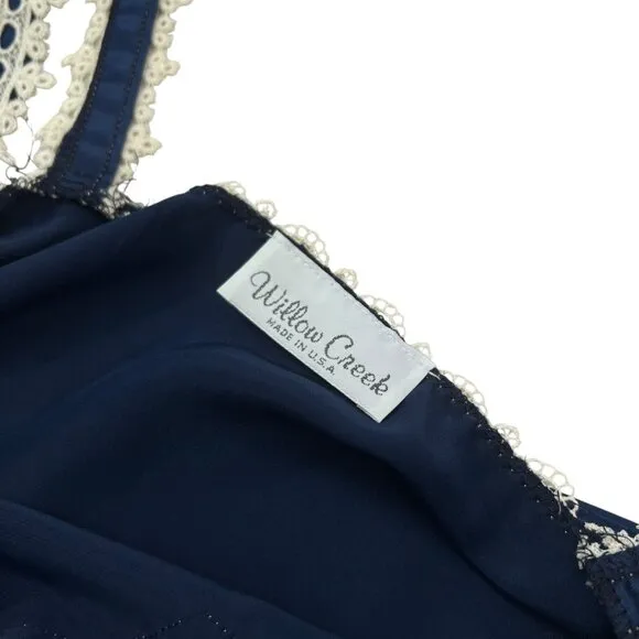Vintage Willow Creek‎ Coquette Lace Trim Satin Maxi Slip Nightgown Blue Large