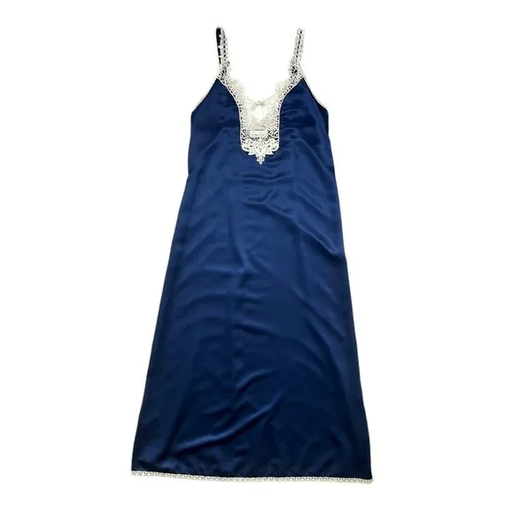 Vintage Willow Creek‎ Coquette Lace Trim Satin Maxi Slip Nightgown Blue Large