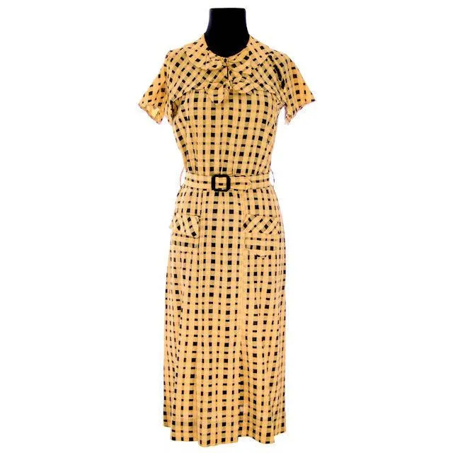 VTG 1930s Dress Yellow & Black Plaid  Costume or Redesign Depression Janalene