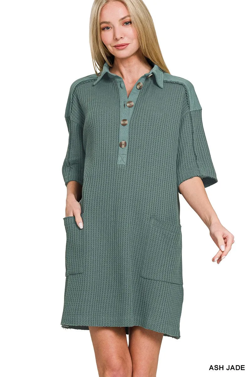 WAFFLE HALF-BUTTON DRESS WITH POCKET