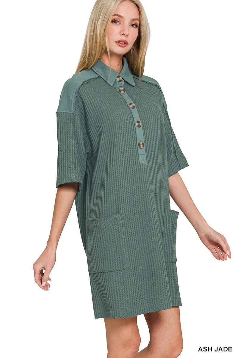 WAFFLE HALF-BUTTON DRESS WITH POCKET