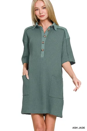 WAFFLE HALF-BUTTON DRESS WITH POCKET