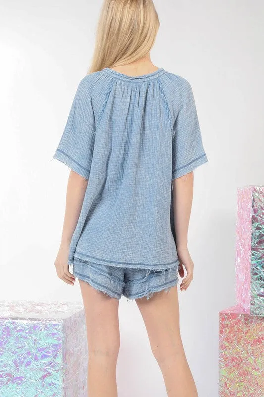 Washed Cotton Crinkle Gauze Top & Shorts set