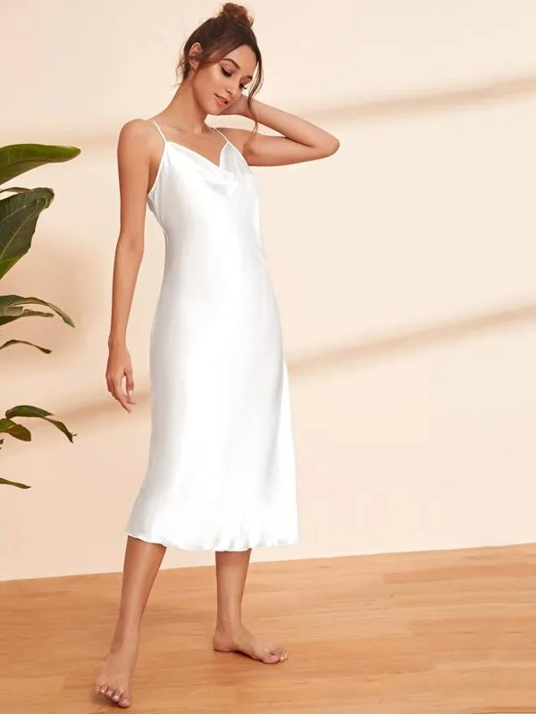 White Aqua Satin Solid Cami Dress