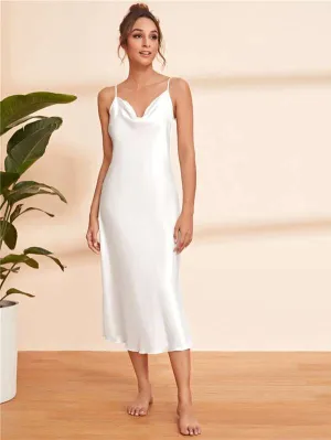 White Aqua Satin Solid Cami Dress