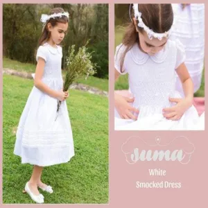 White Cotton Fabric, First Communion Dress,  Hand Made, Smocked Dresses size 6-12