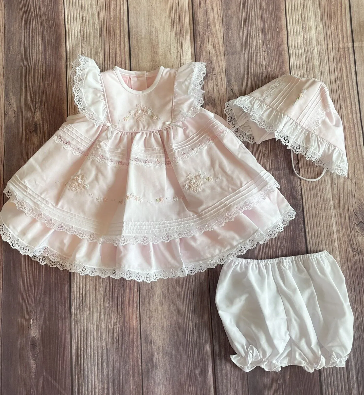 Will'beth Girls Soft Pink Fancy Lace Layered Heirloom Vintage 3 piece Dress Newborn 3 6 9 Months