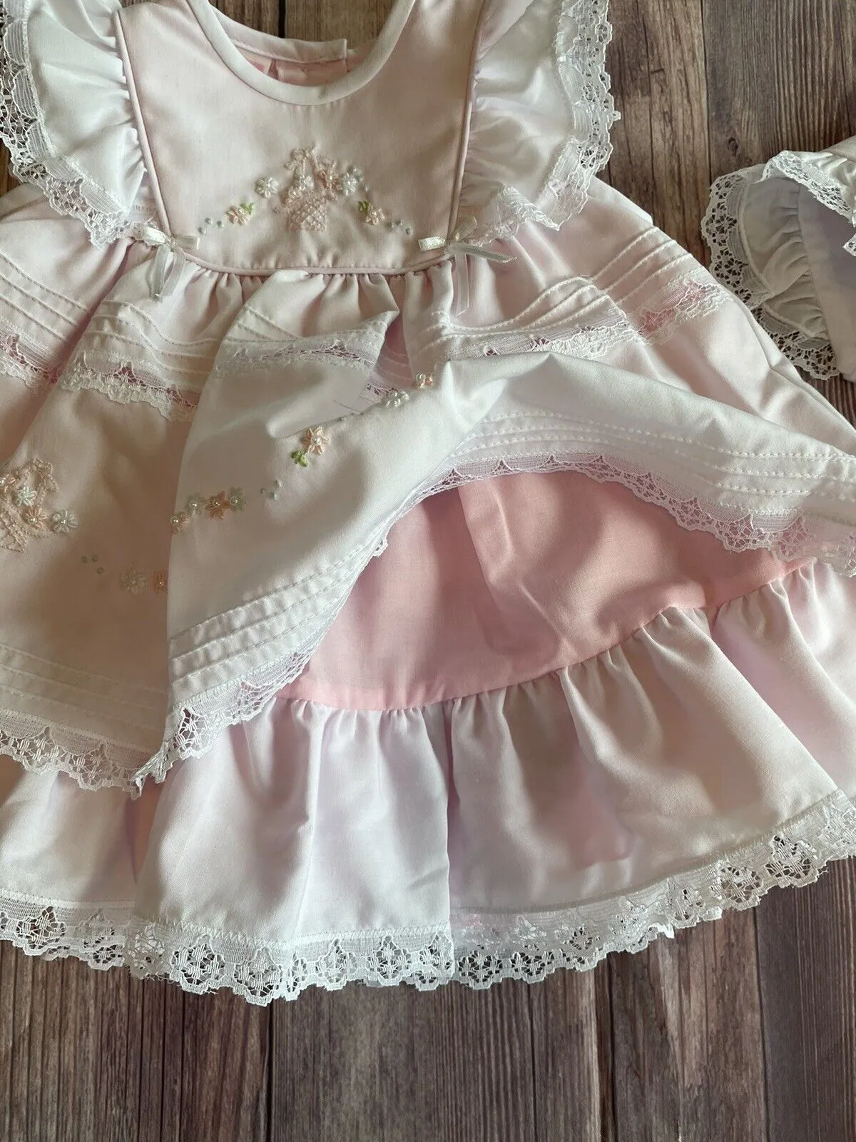 Will'beth Girls Soft Pink Fancy Lace Layered Heirloom Vintage 3 piece Dress Newborn 3 6 9 Months