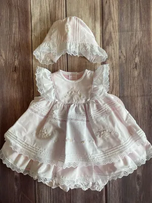 Will'beth Girls Soft Pink Fancy Lace Layered Heirloom Vintage 3 piece Dress Newborn 3 6 9 Months
