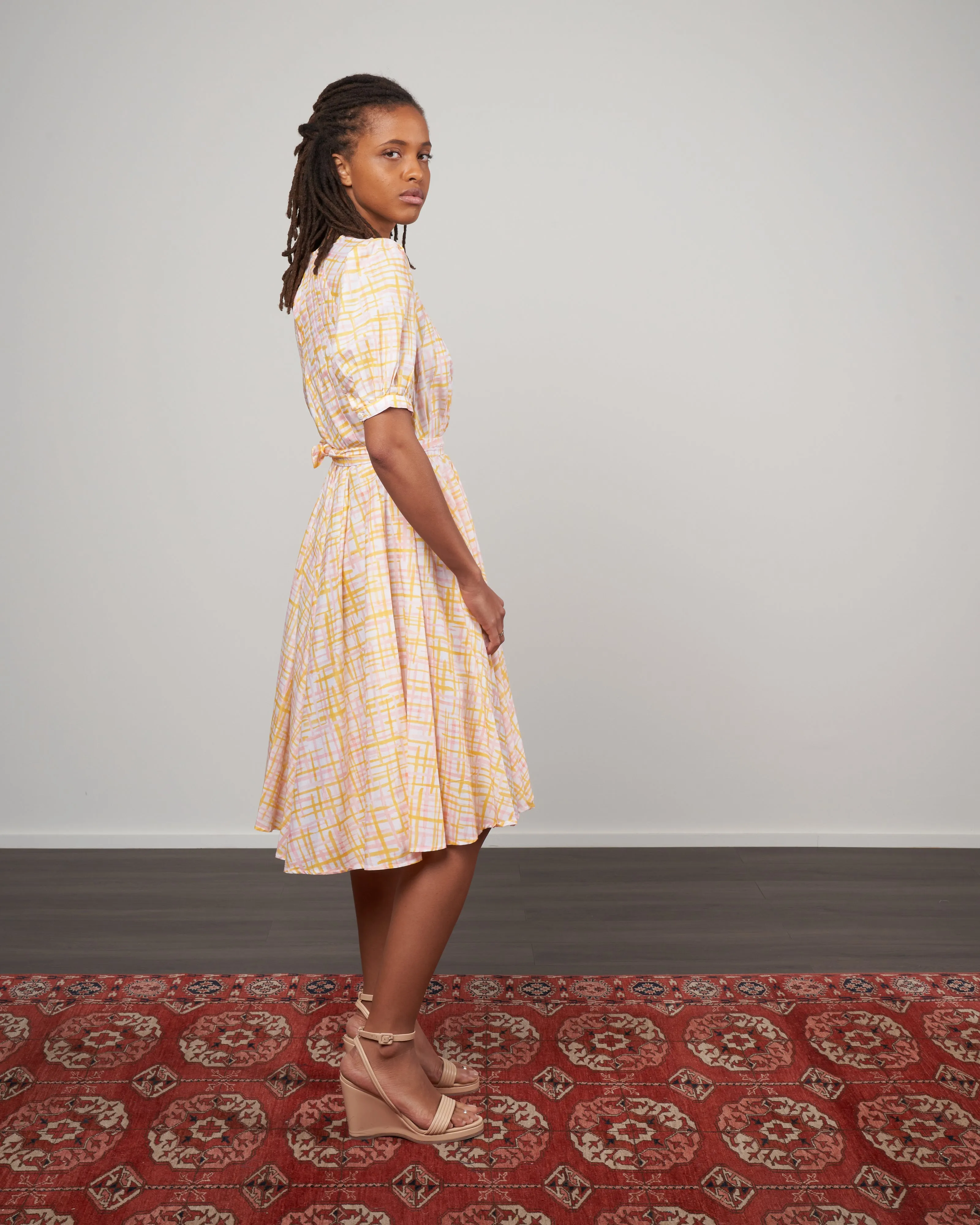 wolkers print dress - marigold crosshatch print