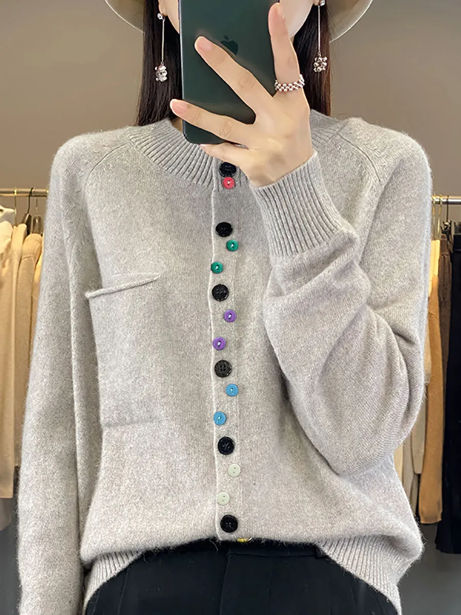 Women Autumn Wool O-Neck Pure Color Knit Sweater