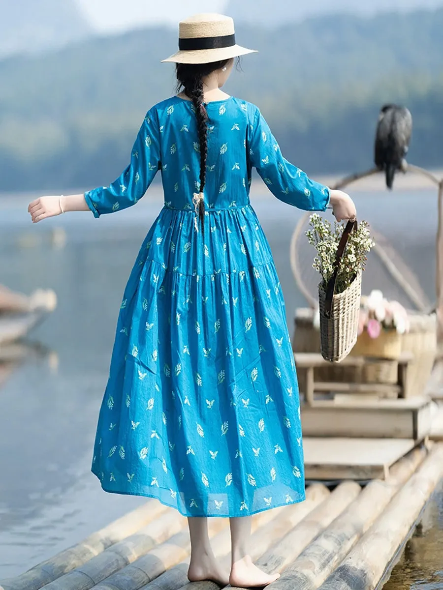 Women Spring Flower O-Neck 100%Cotton Loose Dress