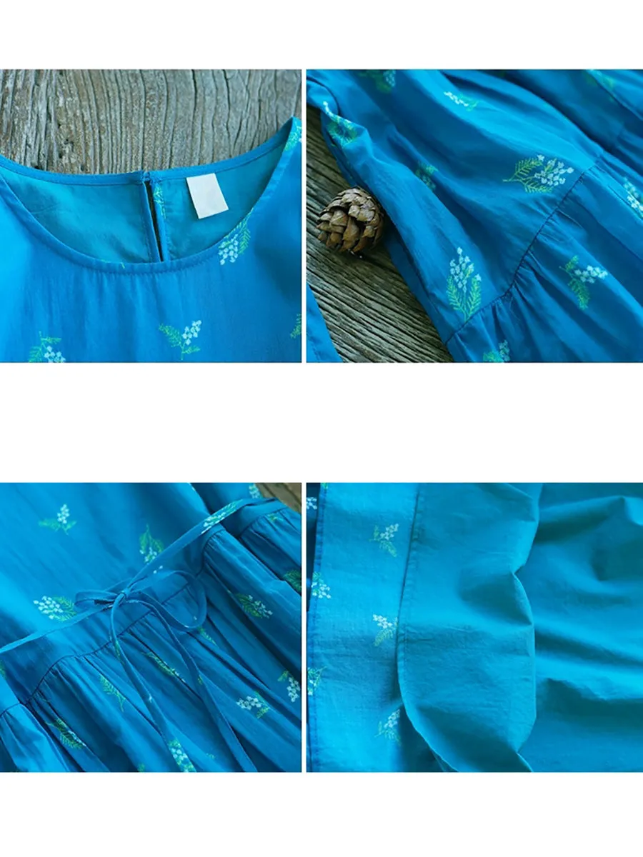 Women Spring Flower O-Neck 100%Cotton Loose Dress