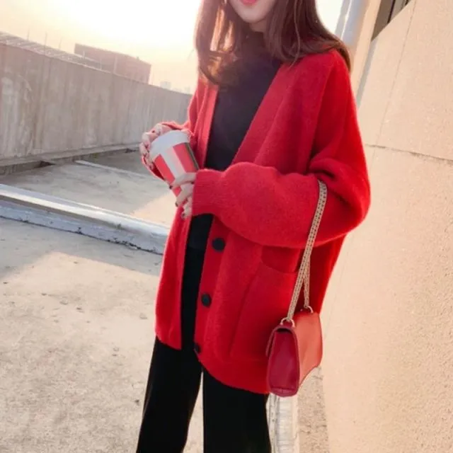 Women V-Neck Pockets Knitted Sweater